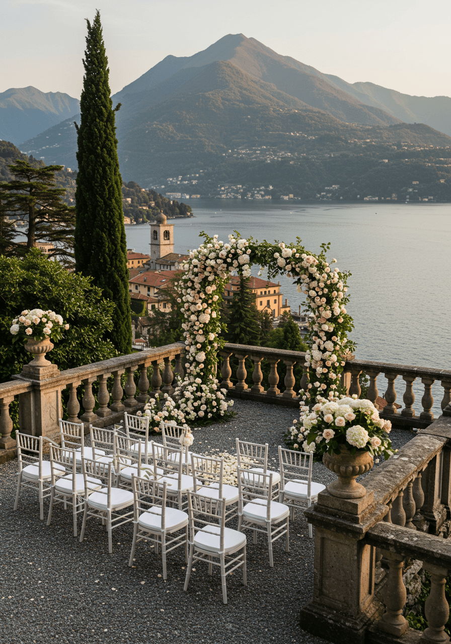 Diagonal view of ceremony setup with lake and mountain backdrop