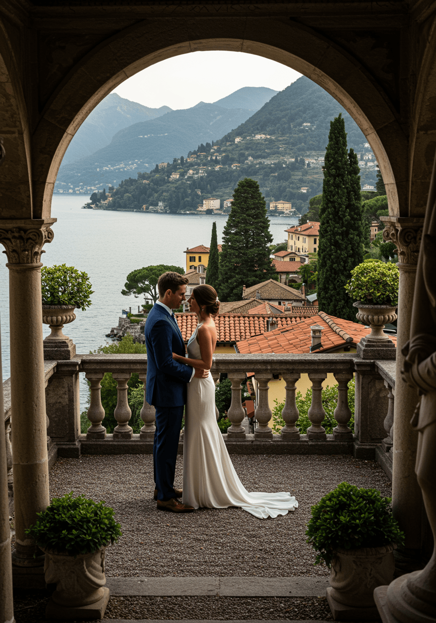Elevated balcony ceremony setup with lake and mountain backdrop