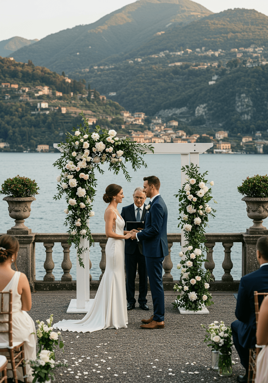 Wedding ceremony on panoramic terrace with couple exchanging vows