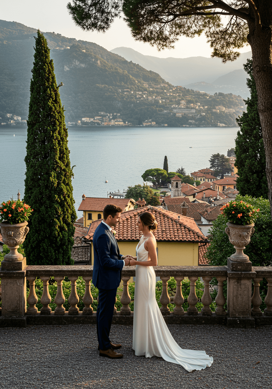 Wedding ceremony on villa balcony overlooking Lake Como during golden hour