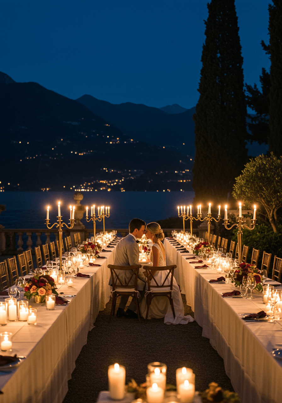 Intimate candlelit dinner table setup overlooking Lake Como at twilight