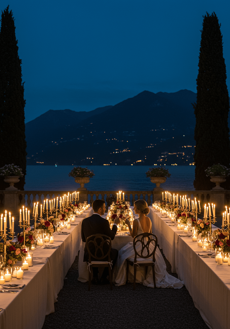 Champagne glasses and candles on elegant lakeside wedding table