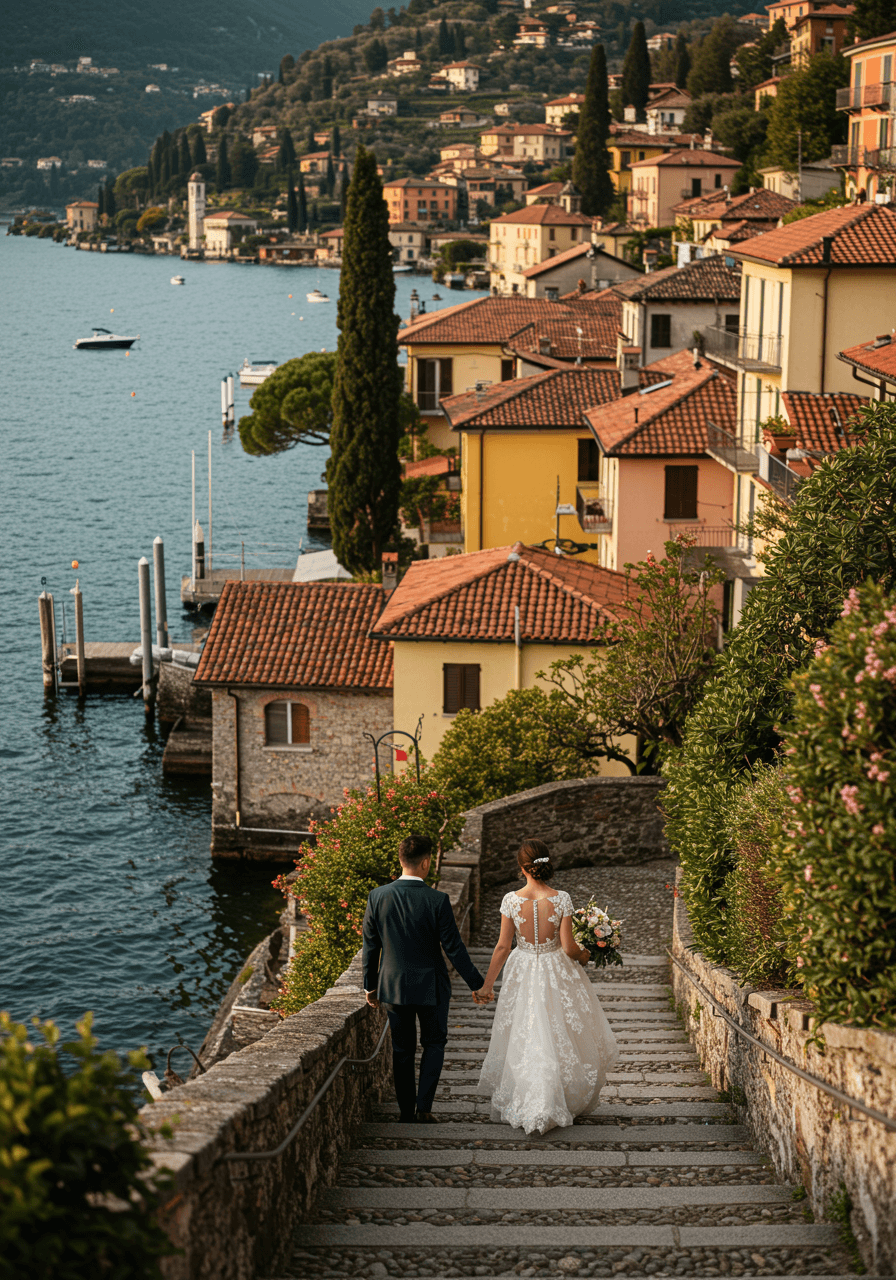 Couple exchanging vows on historic stone steps leading to lake water