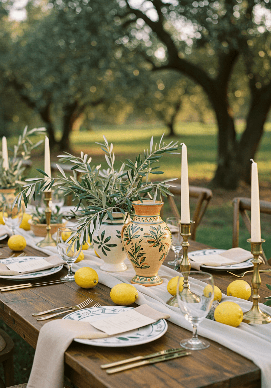 Close-up of rustic table setting with olive branches and artisanal details