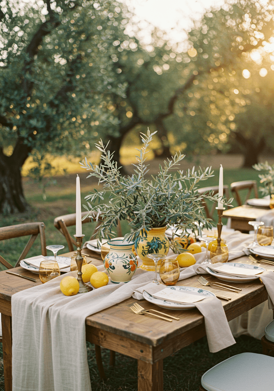 Elegant wedding tablescape set among olive trees with rustic Italian styling
