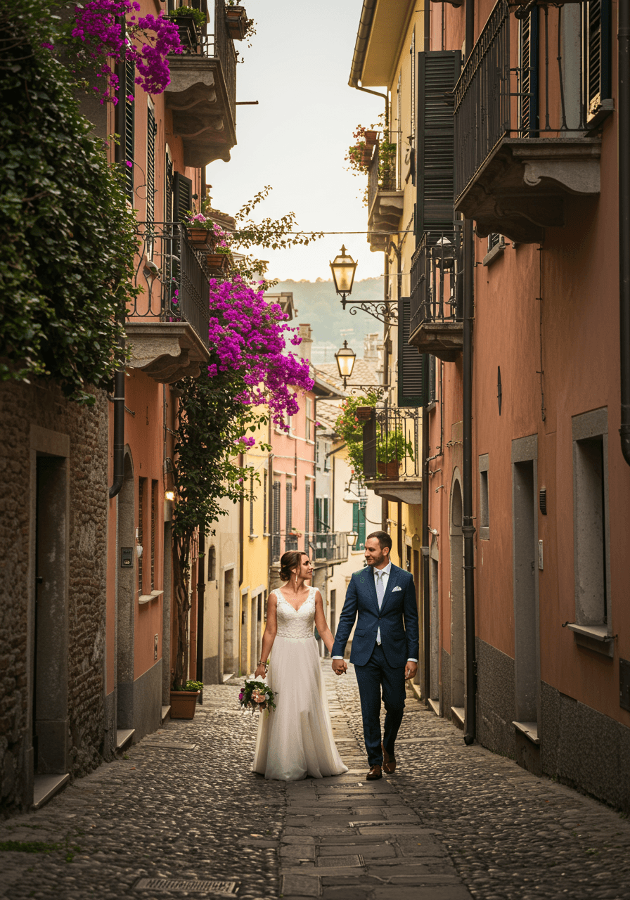 Wedding couple walking hand-in-hand through charming village cobblestones