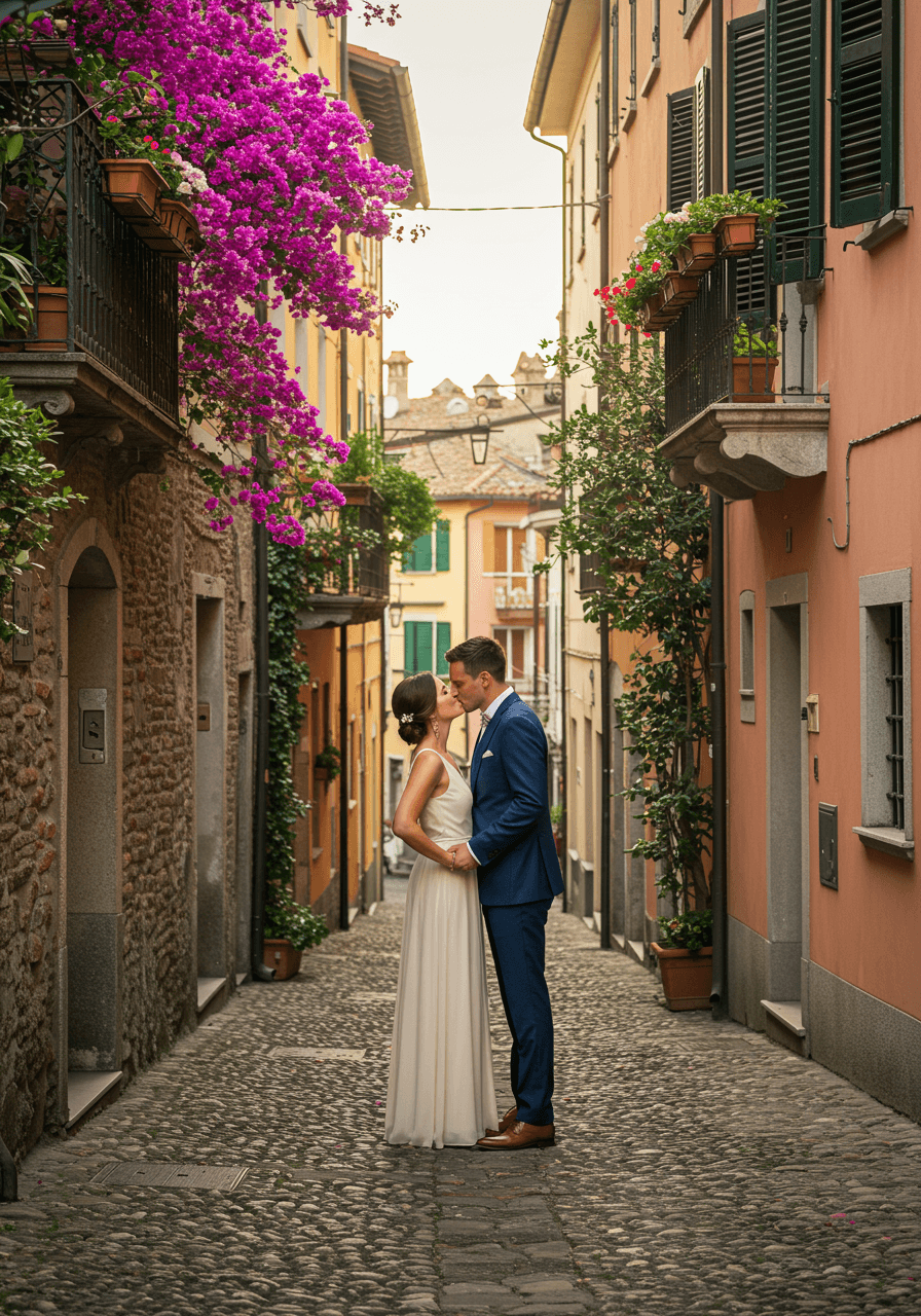 Newlyweds sharing romantic kiss in historic Varenna cobblestone alleyway