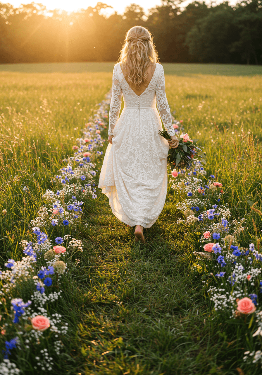 Bohemian bride in lace dress walking barefoot down wildflower aisle during golden hour