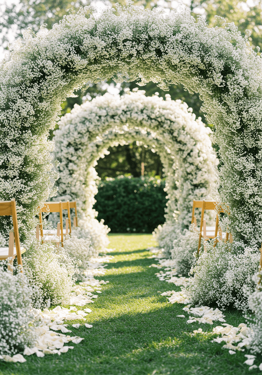 Upward view of baby's breath arch creating heavenly tunnel effect for wedding ceremony
