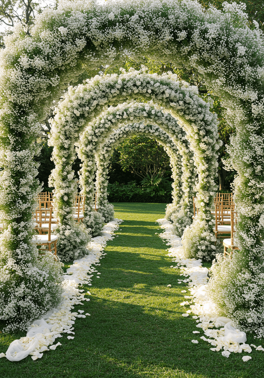 Dreamy baby's breath tunnel creating cloud-like archway over wedding aisle in garden