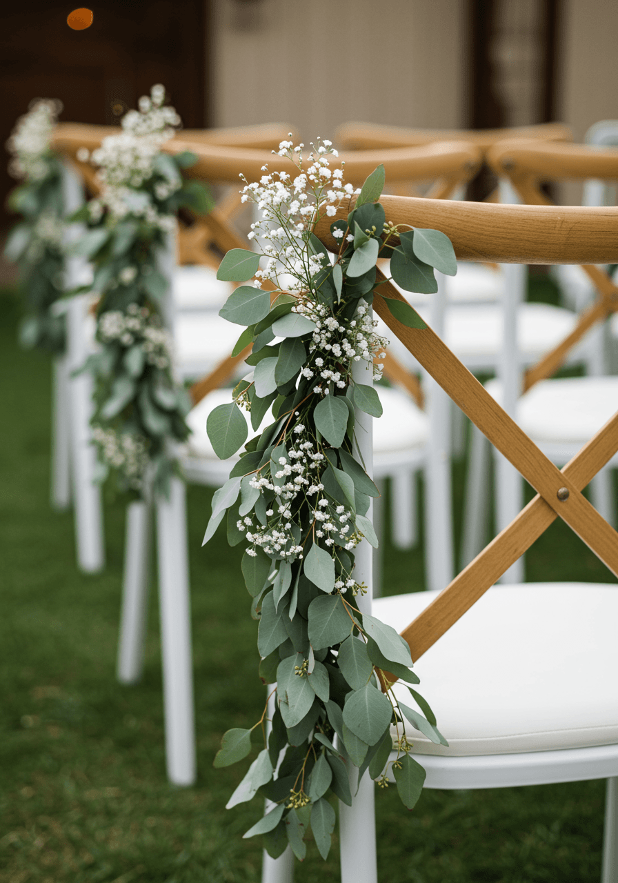Detail shot of eucalyptus garland draped around white ceremony chairs in morning light