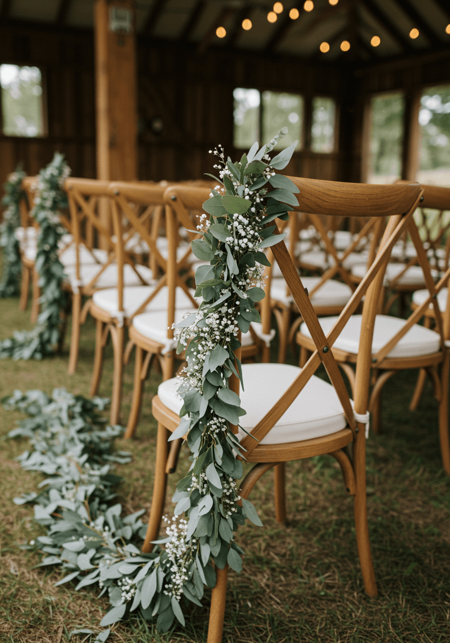 Eucalyptus and baby's breath garland detail on white wedding ceremony chairs