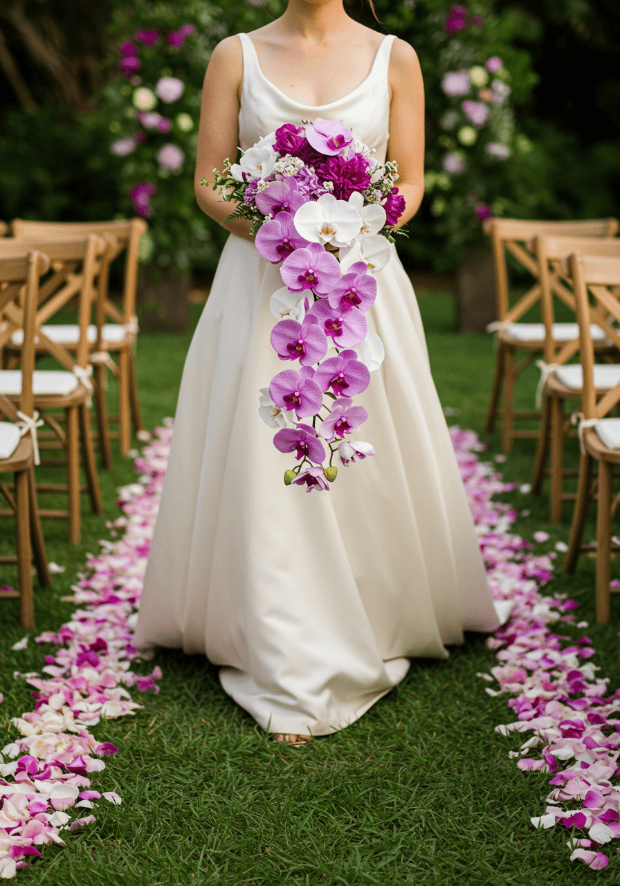 Low angle portrait of bride with flowing orchid bouquet in golden hour light