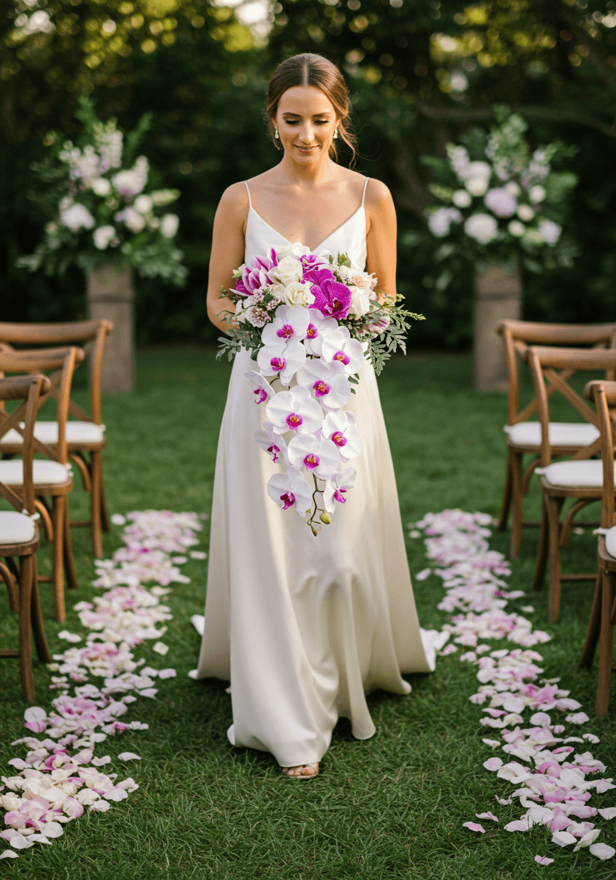 Bride carrying cascading white and purple orchid bouquet walking down petal-covered outdoor aisle