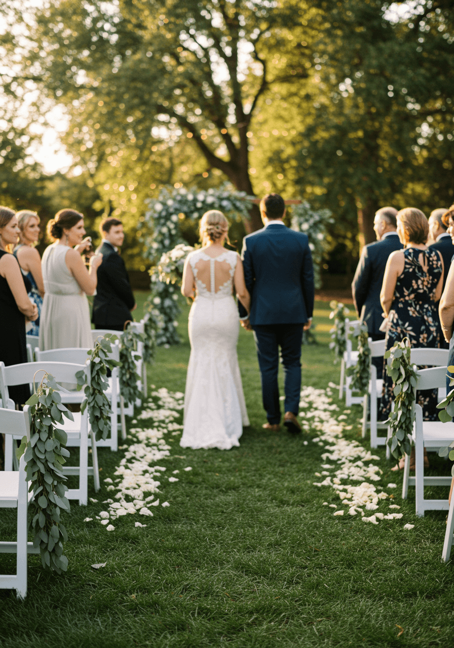 Bride and groom walking down wedding aisle lined with eucalyptus garland on white chairs during golden hour