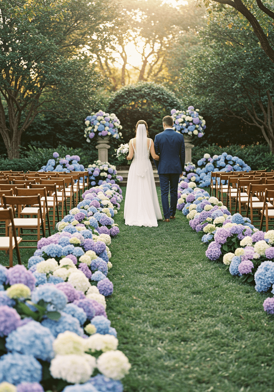 Bride and groom walking down wedding aisle covered in blue and purple hydrangea blooms during golden hour