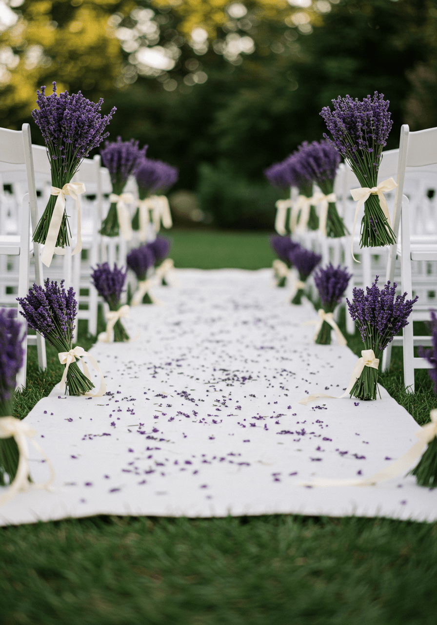 Wide view of lavender-adorned white fabric runner pathway in garden setting
