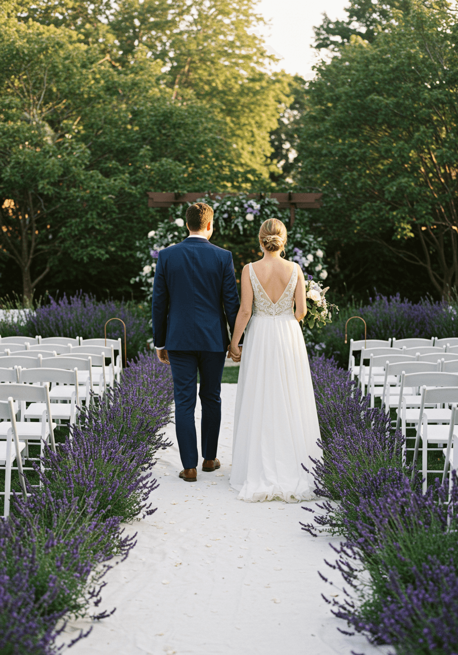 Bride and groom walking hand-in-hand down lavender-lined wedding aisle during golden hour