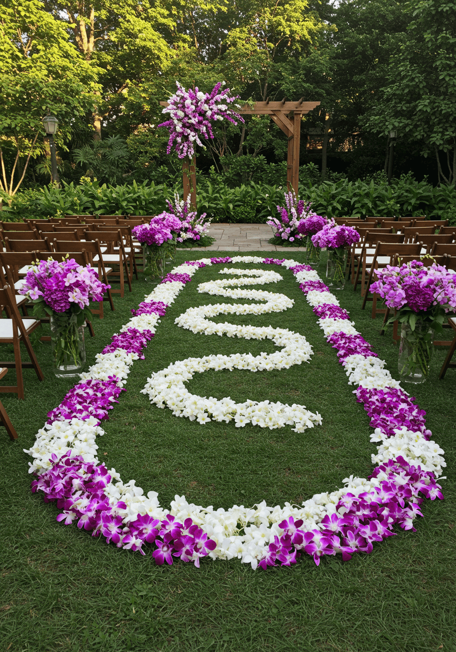 Elaborate wedding aisle runner made from fresh orchid stems leading to wooden arch in garden