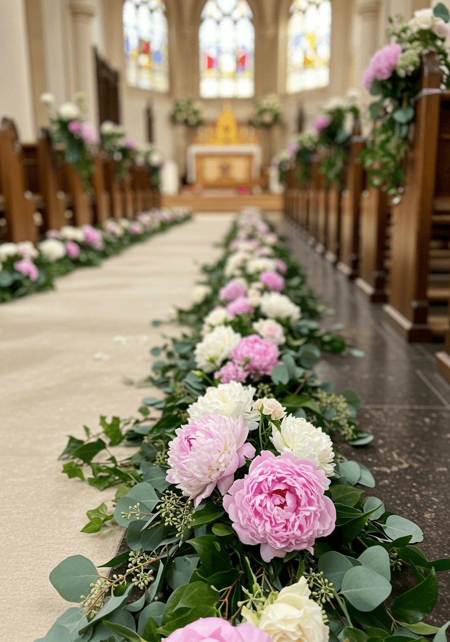 Lush wedding aisle runner made of pink and white peonies with eucalyptus in church setting