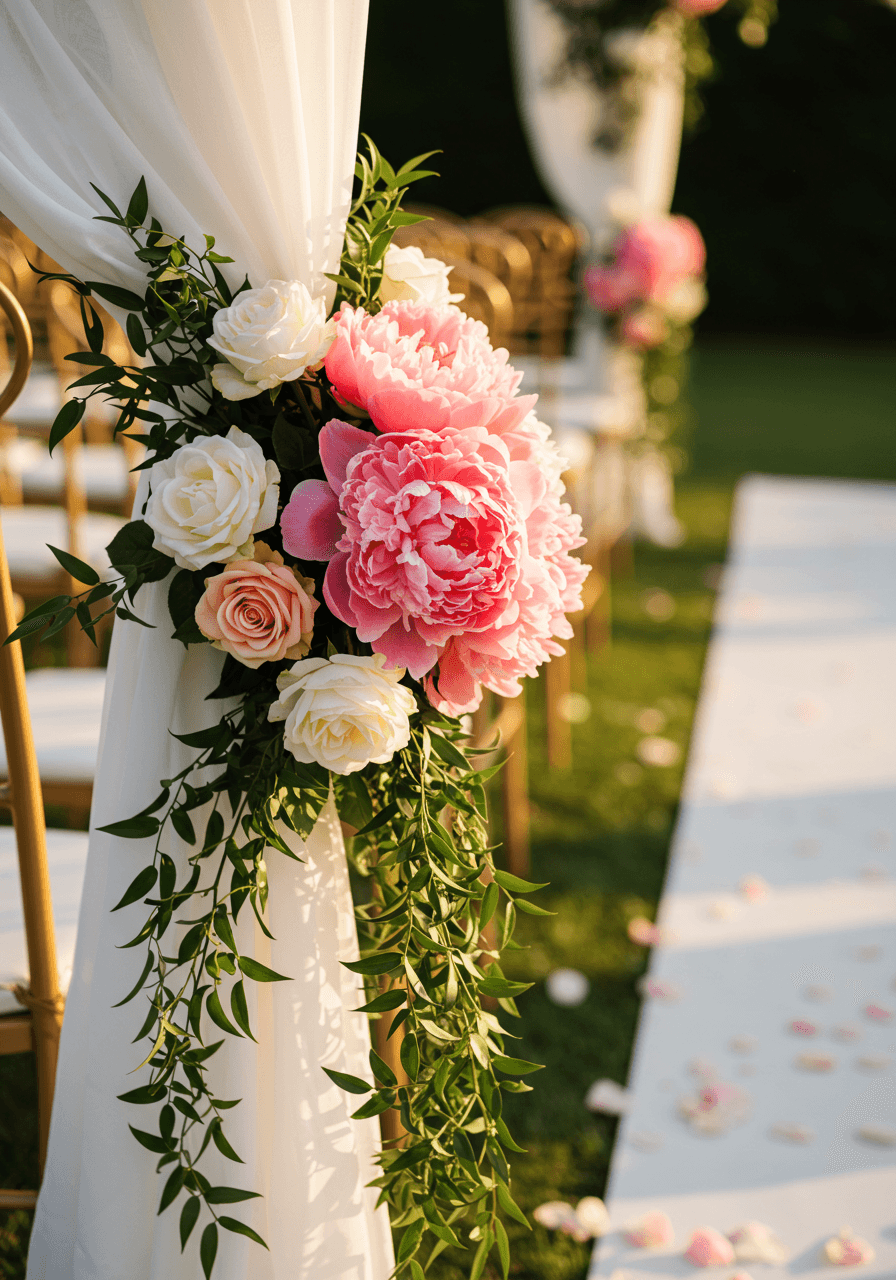 Ornate floral arrangement of pink peonies and white roses at end of wedding aisle runner during golden hour