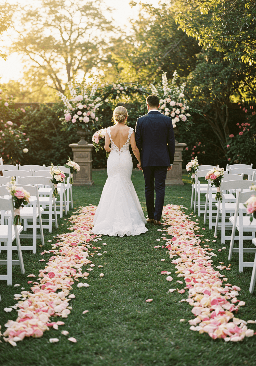 Bride and groom walking down garden aisle covered in scattered pink and ivory rose petals during golden hour