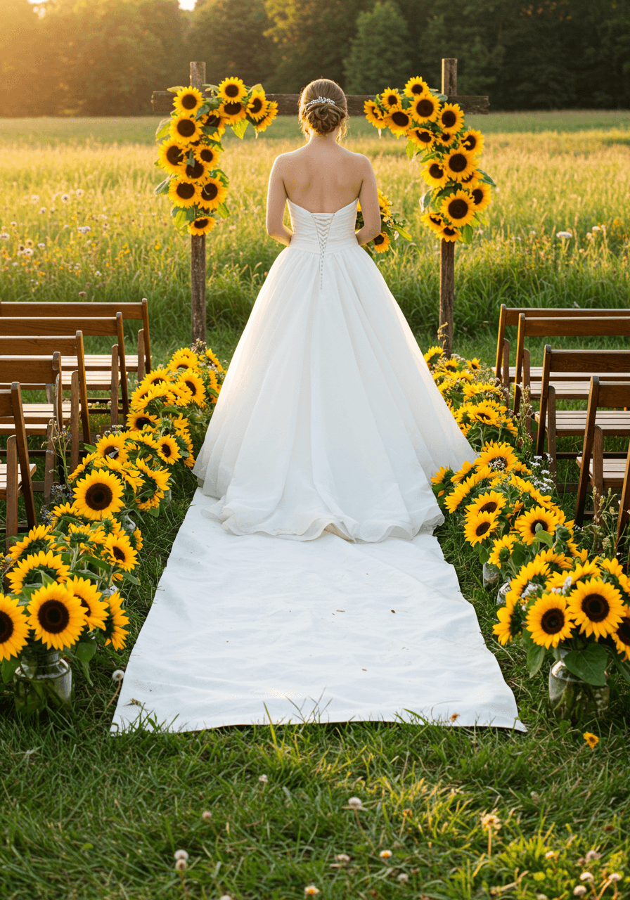 Bride in flowing white dress walking barefoot down sunflower-bordered aisle in rustic meadow