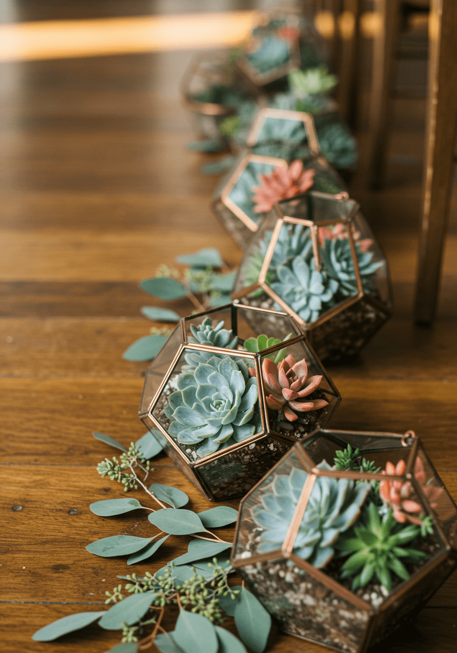 Close-up detail of succulents in modern geometric containers for wedding aisle decoration