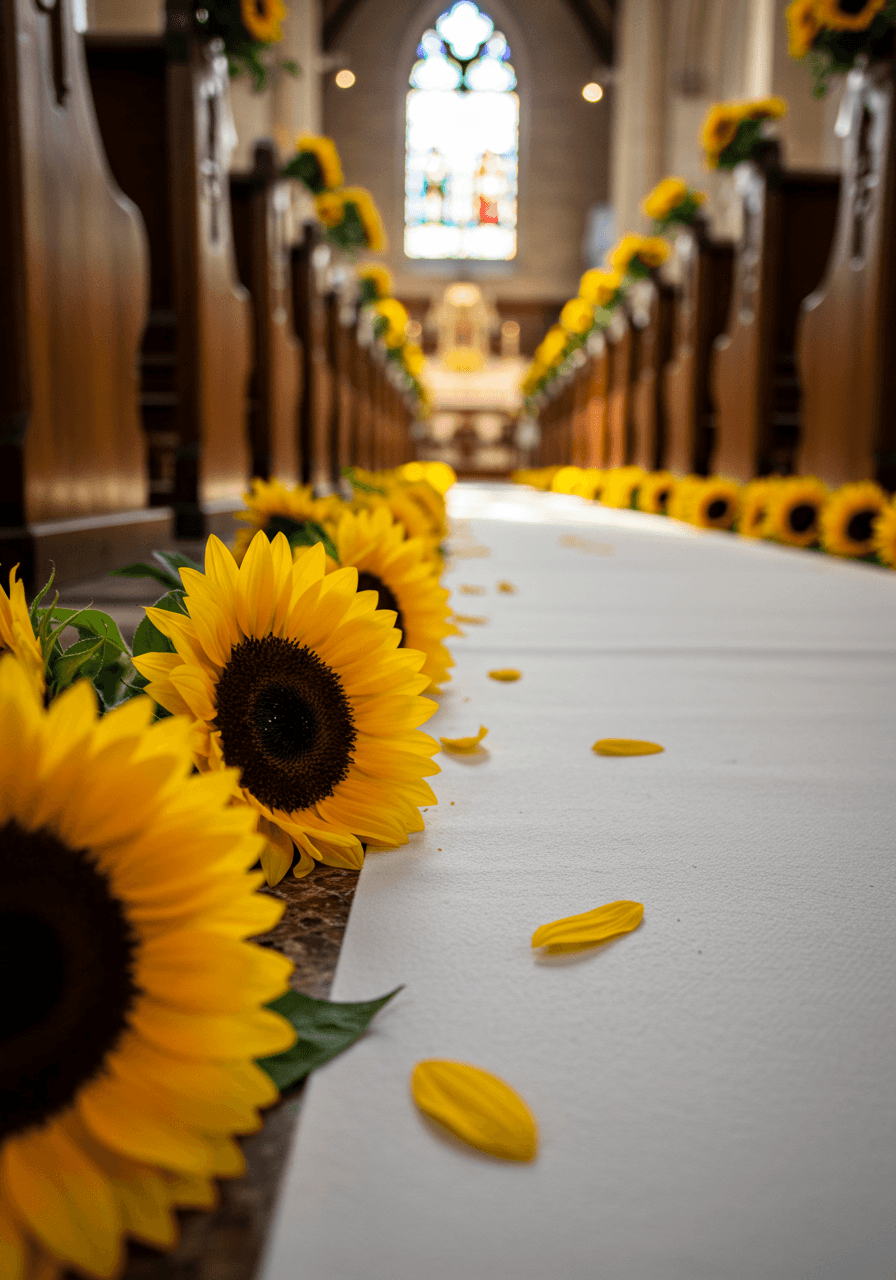Close-up detail of vibrant sunflower petals lining white wedding aisle runner in cathedral