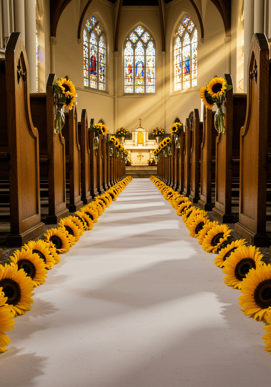 White fabric aisle runner bordered with bright yellow sunflowers in church with stained glass light