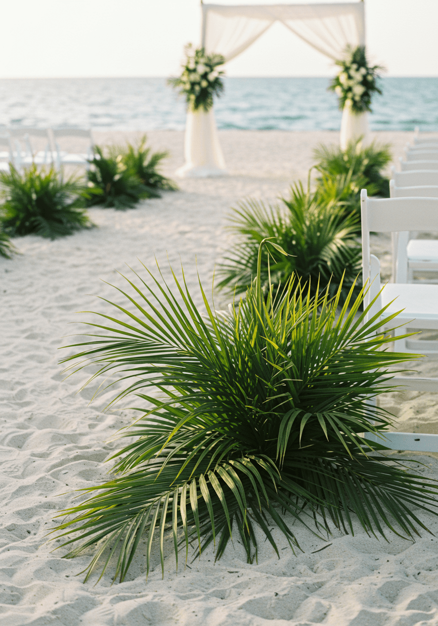 Tropical beach wedding aisle lined with palm fronds and white fabric runner near ocean