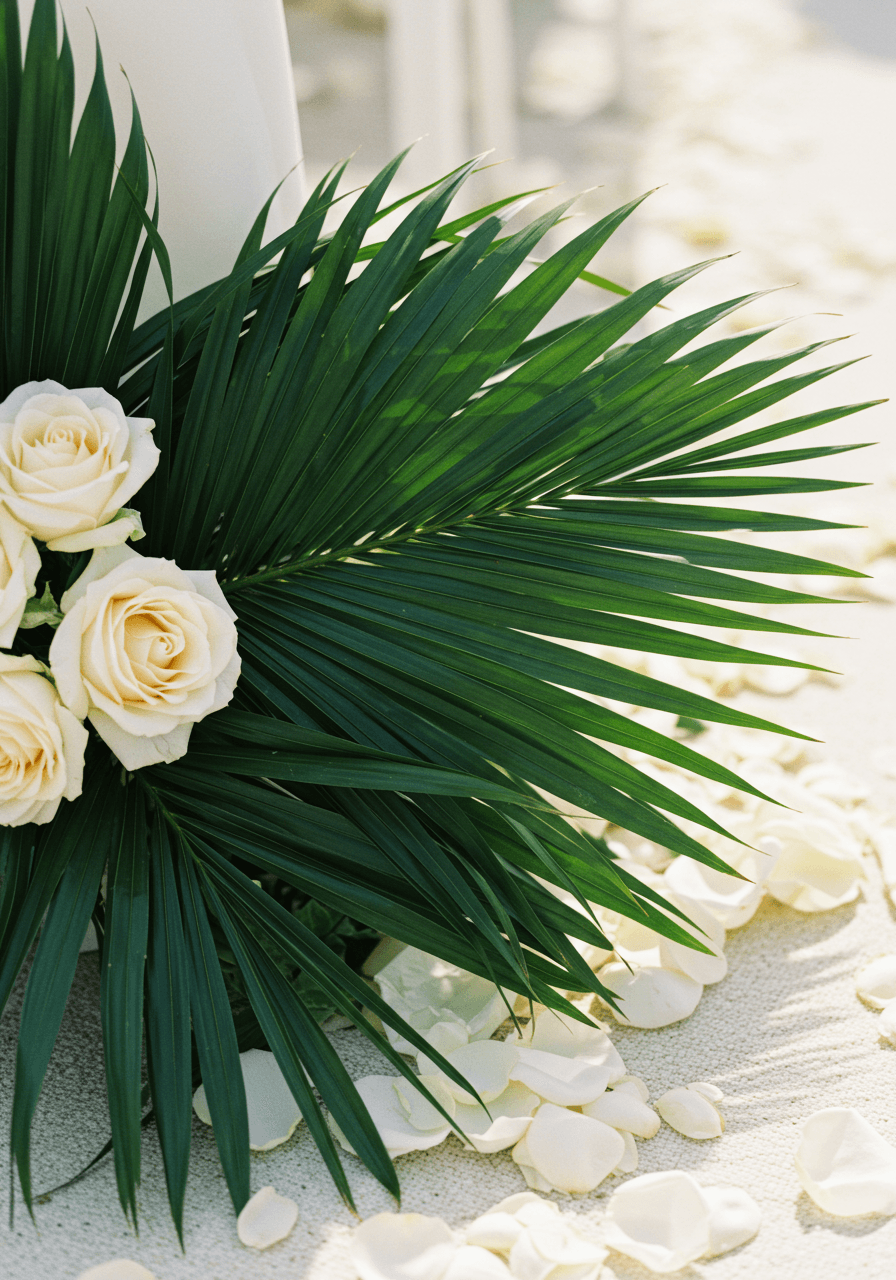 Close-up detail of tropical palm fronds with white rose petals on cream wedding aisle runner