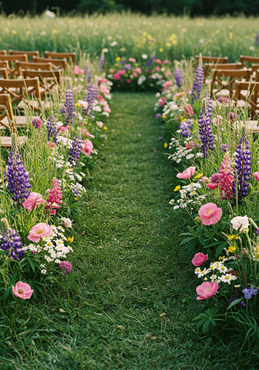 Natural wildflower meadow wedding aisle with pink poppies, white daisies, and purple lupines