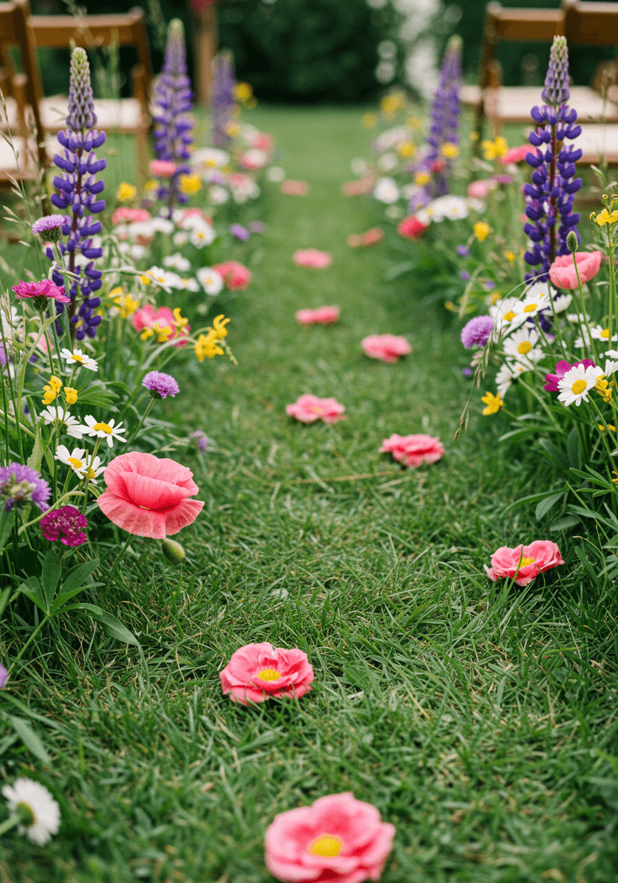 Ground-level view of scattered wildflowers creating natural wedding aisle pathway
