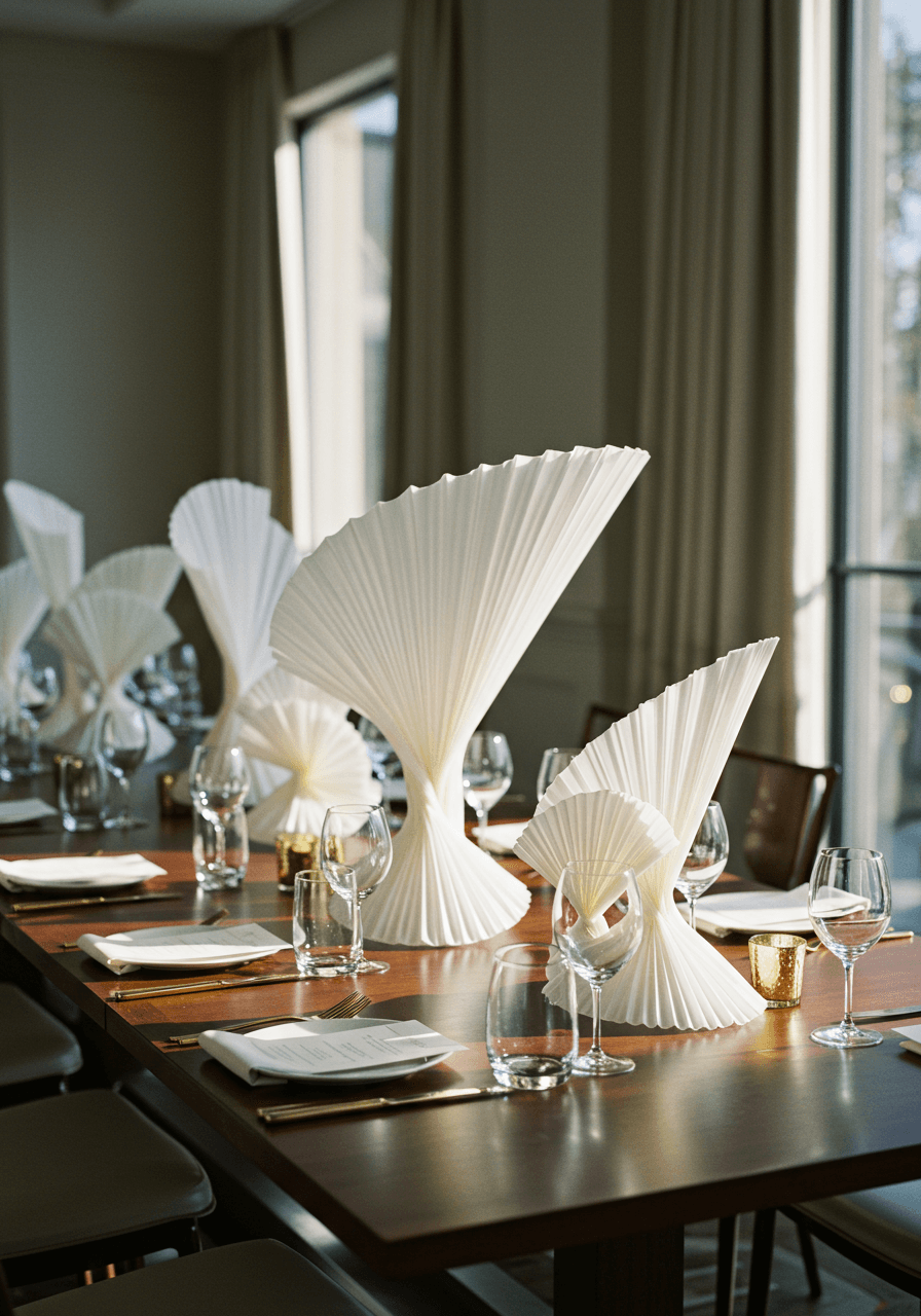 Abstract geometric white and ivory pleated fabric sculptures as modern wedding centrepieces on mahogany dining table with afternoon light