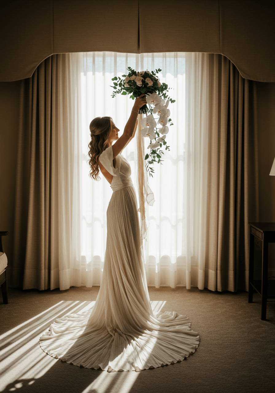 Detail of bride's hands with cascade bouquet featuring eucalyptus and orchids wrapped in lustrous pleated champagne silk