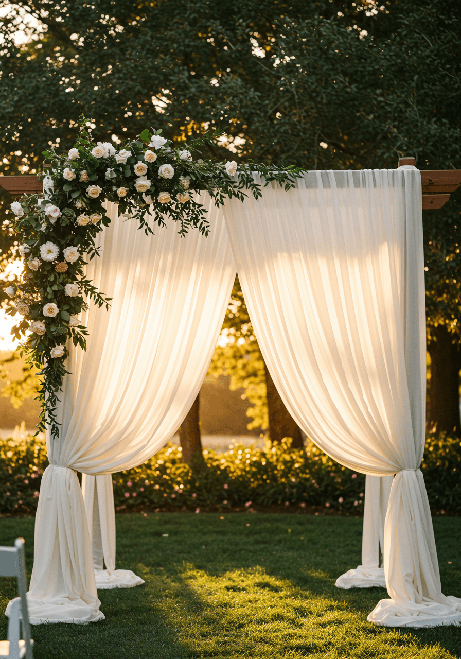 Dramatic ceremony arch with white pleated chiffon fabric cascading like a waterfall in outdoor garden wedding during golden hour