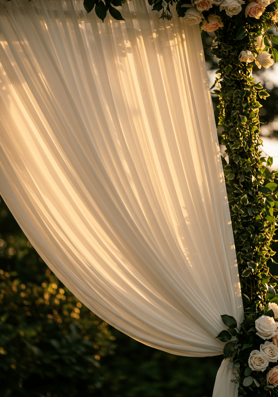 Wide shot of ivory pleated fabric flowing dramatically from white ceremonial arch creating waterfall effect at garden wedding