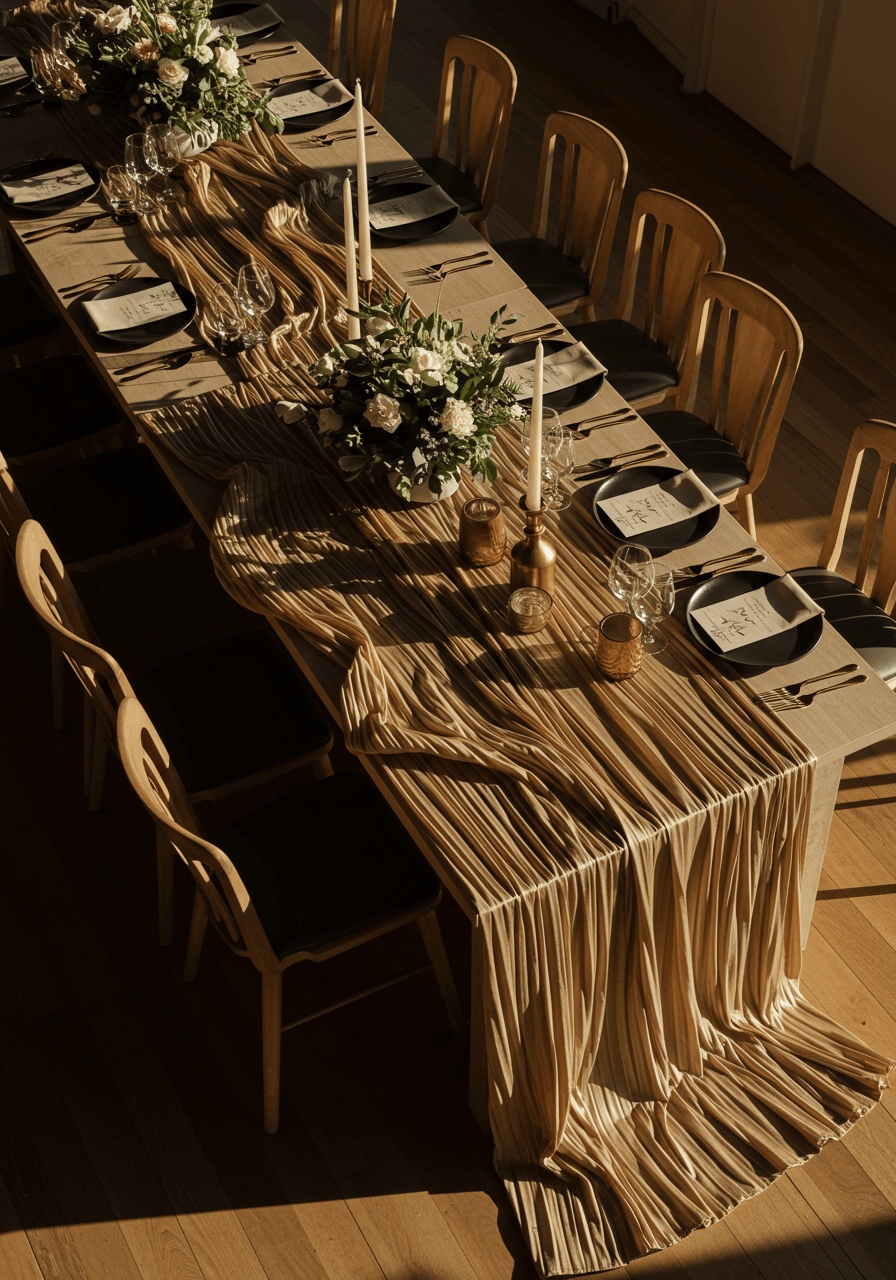 Macro shot of wave-effect pleated champagne runner showing sculptural fabric texture with crystal glassware and pale wood table