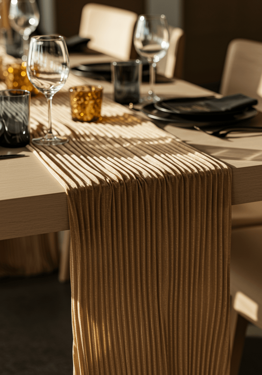 Close-up detail of champagne wave-pleated fabric runner with dimensional geometric folds on modern reception table with matte black dinnerware