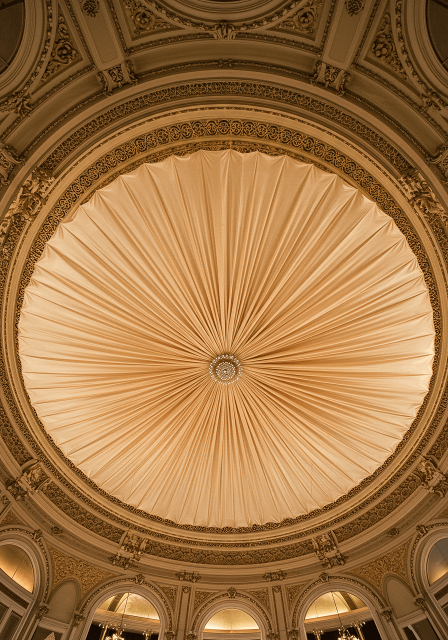 Close-up of elaborate radial pleated champagne dupioni silk ceiling medallion with cascading dimensional folds and central crystal detail
