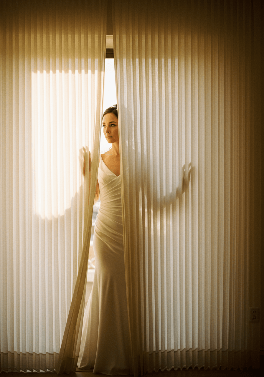 Bride in white silk gown behind translucent ivory knife-pleated panels with natural sunlight creating dappled light patterns during golden hour