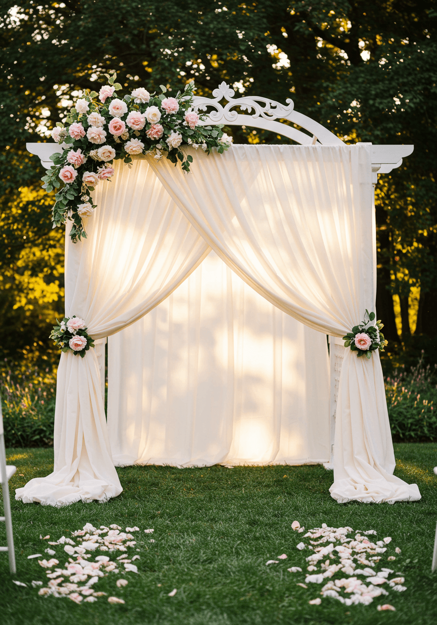 Elegant ivory and blush pleated chiffon fabric draping from ornate white ceremonial arch with layers creating luminous cascades at outdoor wedding