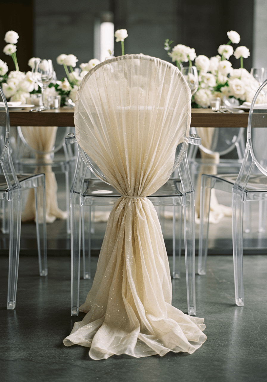Three-quarter view of champagne pleated organza cascading over transparent ghost chairs with minimalist white florals and concrete floors