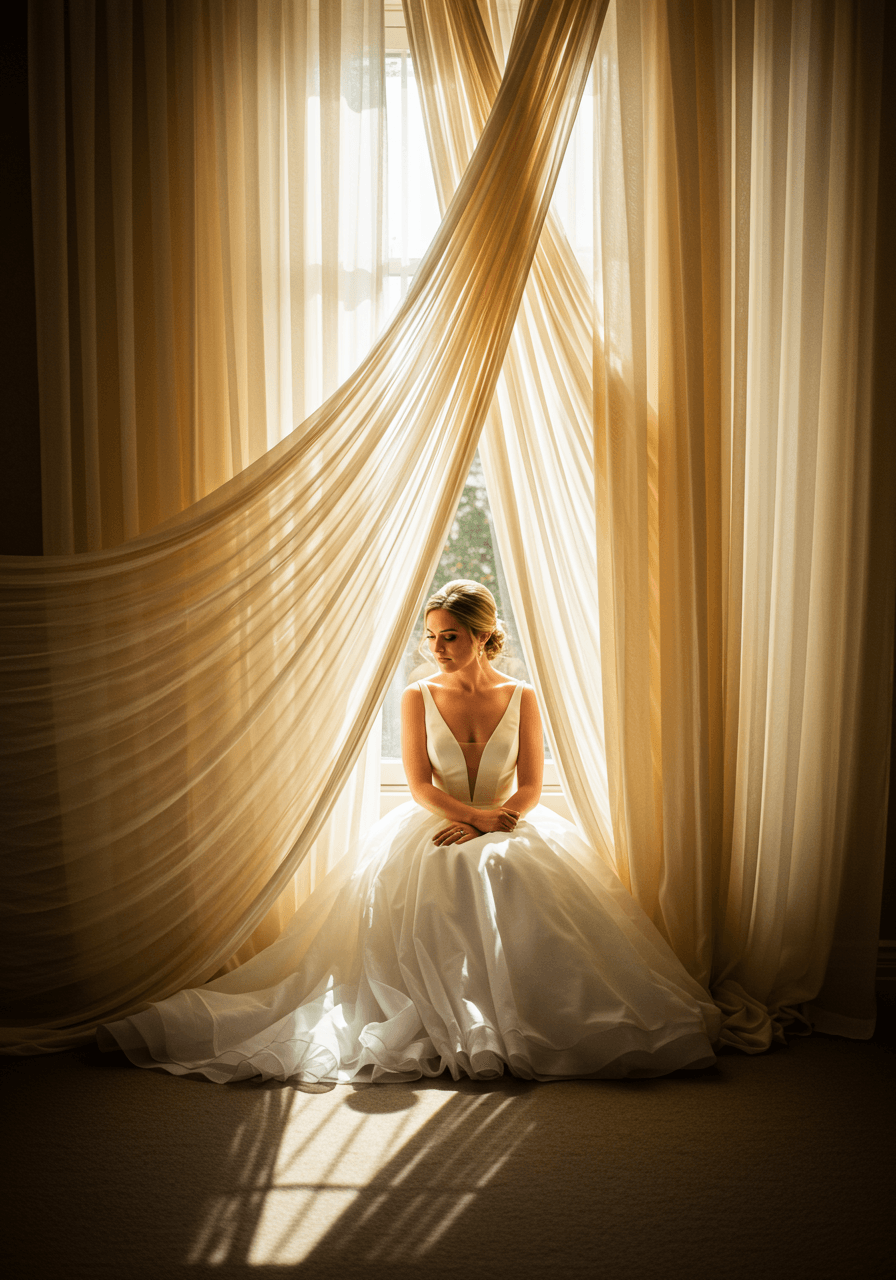 Bride behind fine-knife pleated champagne fabric panels with golden hour sunlight filtering through creating striped light patterns