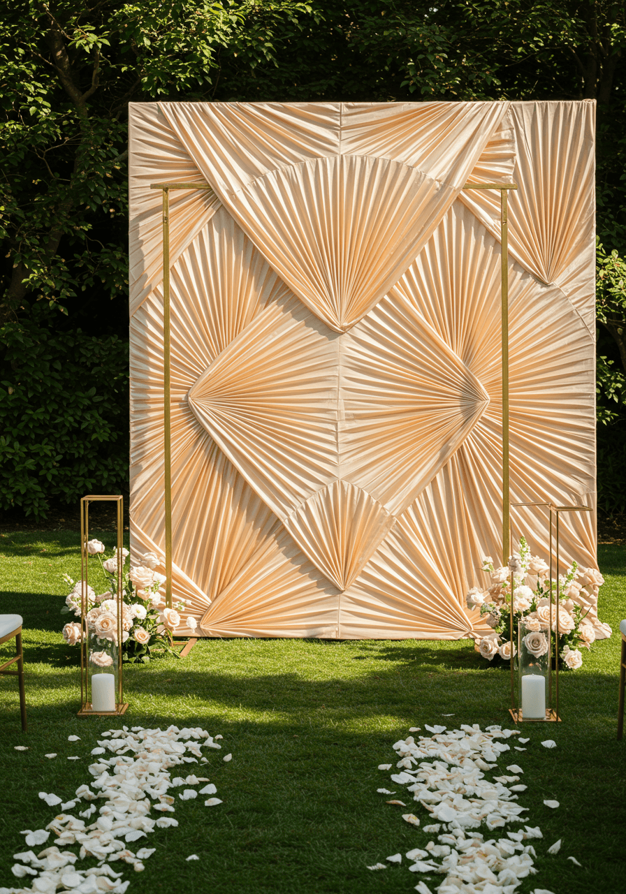 Wide shot of symmetrical box-pleat ceremony backdrop installation at outdoor garden wedding with rose petals and golden hour lighting