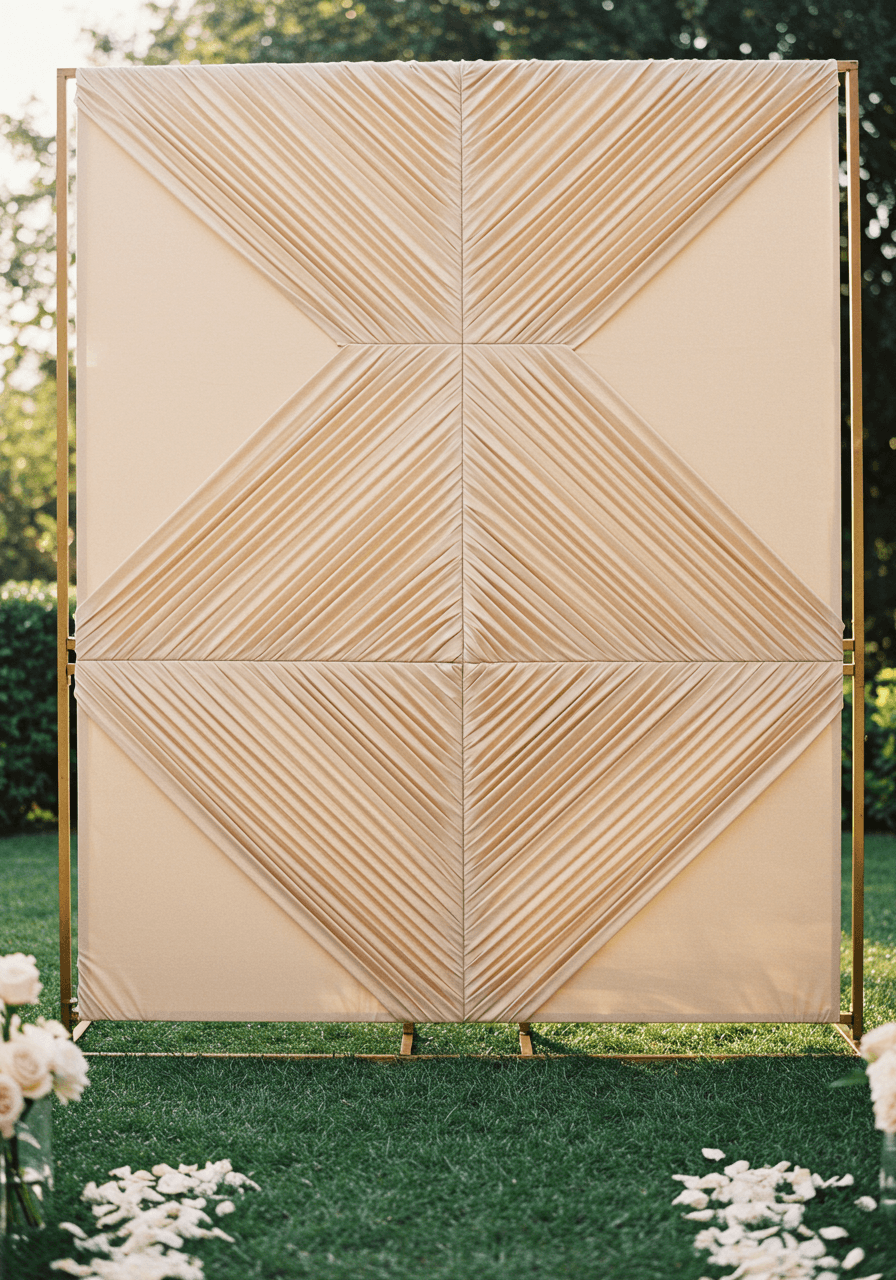 Elegant champagne box-pleated silk backdrop behind outdoor wedding altar with geometric shadow patterns and brass arch framework
