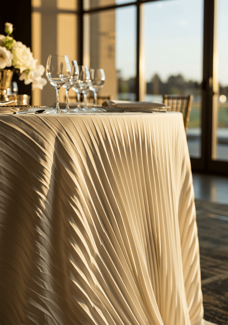 Elevated view of elegant sunburst-pleated silk table linens showing dimensional geometric folds cascading to floor at upscale wedding venue