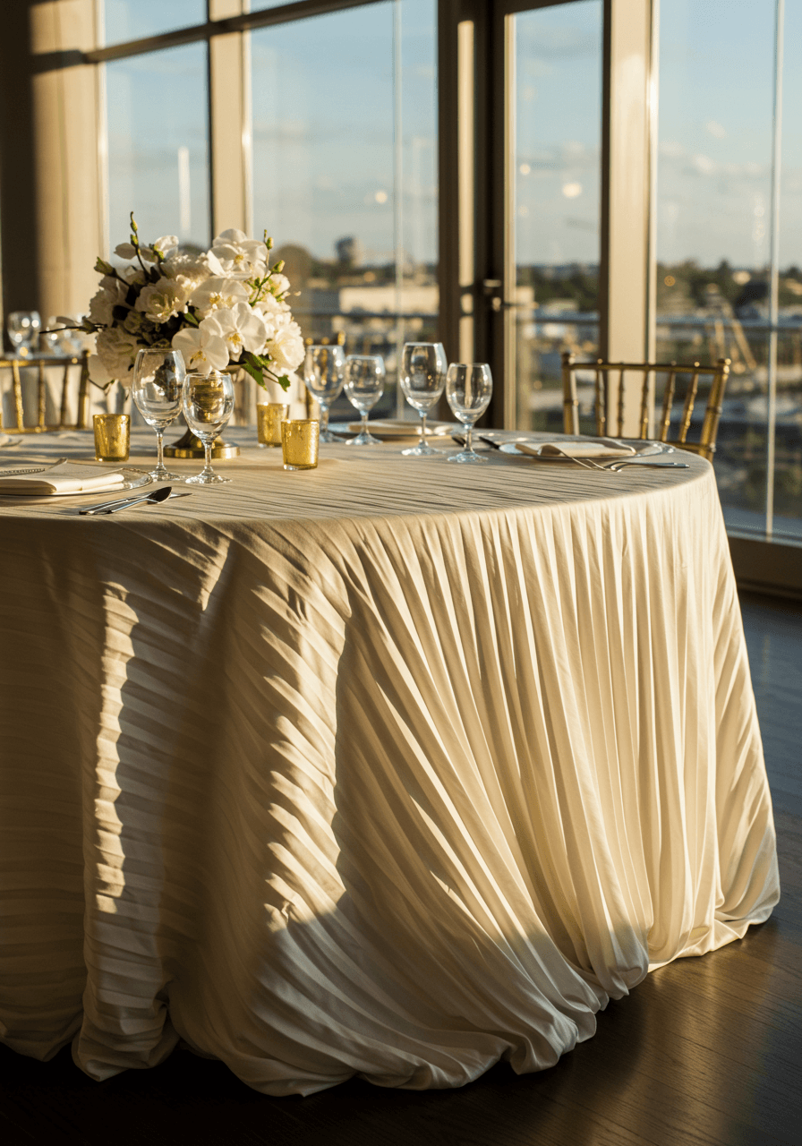 Ivory sunburst-pleated tablecloth with dramatic radiating fold pattern on round wedding reception table with gold chargers and orchid centrepiece