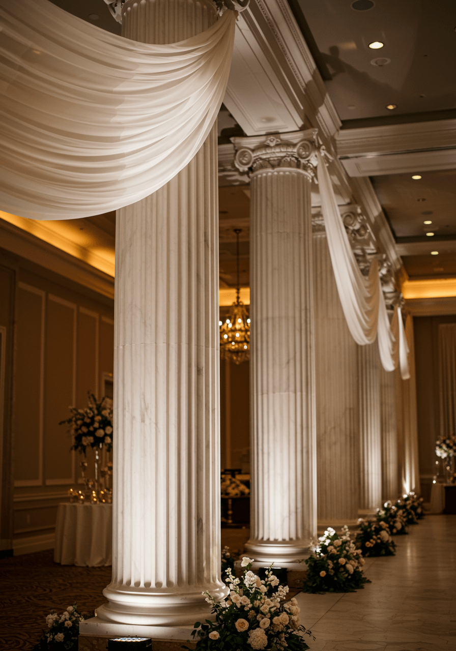 White pleated fabric elegantly wrapped around tall marble columns at luxurious ballroom wedding reception entrance with symmetrical lighting